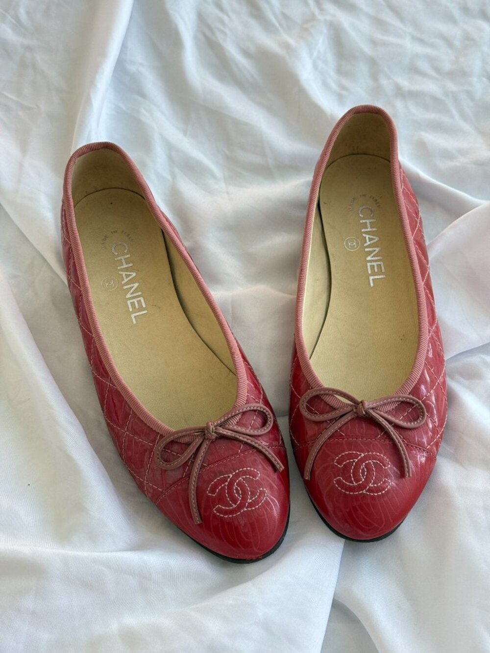 Chanel Pink Quilted Patent Leather Ballet Flats CC Bow Size 37.5